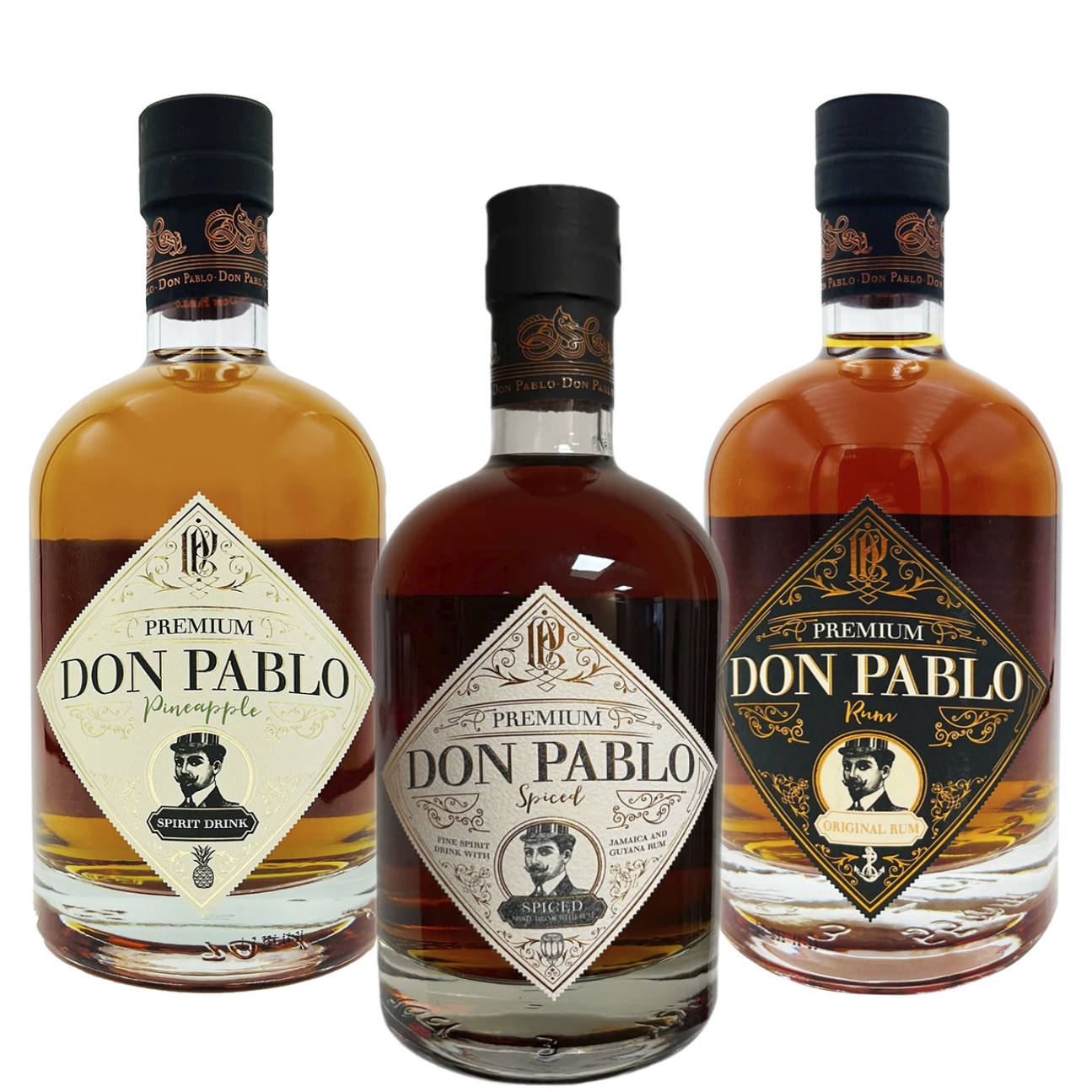Don Pablo Premium Rum - 3er Collection (3x0,7l) - je 1 Flasche: Don Pablo Premium Genuine Rum 40 % vol. 0,7l; Don Pablo Premium Spiced Rum 40 % vol. 0,7l; Don Pablo Pineapple Rum 35 % vol. 0,7l (Spirituose auf Rumbasis)