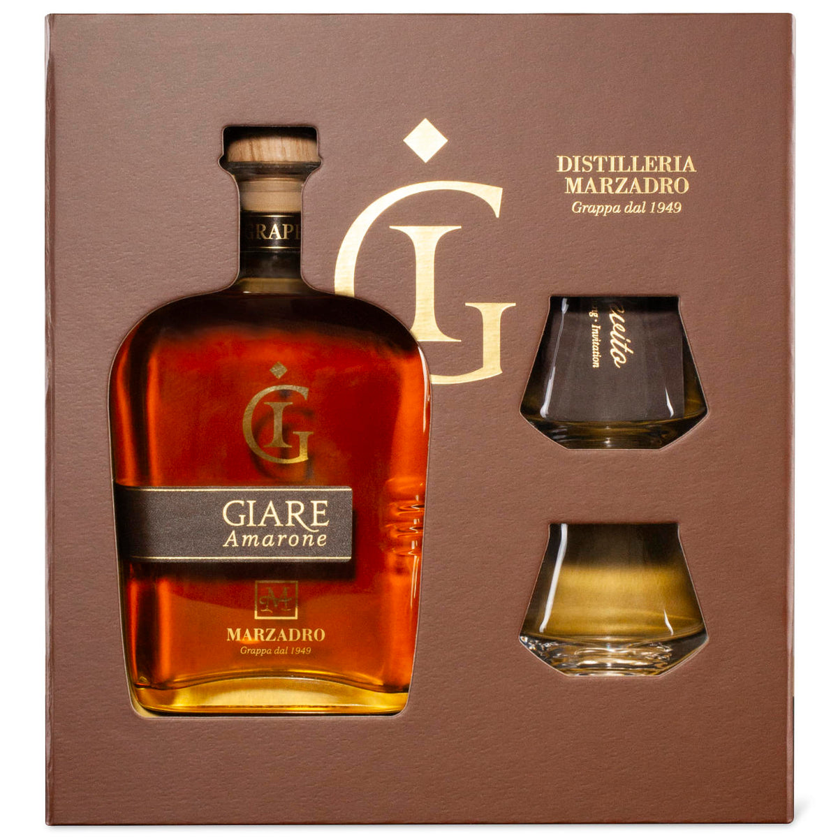 Marzadro Giare Amarona 0,7l Moderna - Geschenkset mit zwei Gläserns