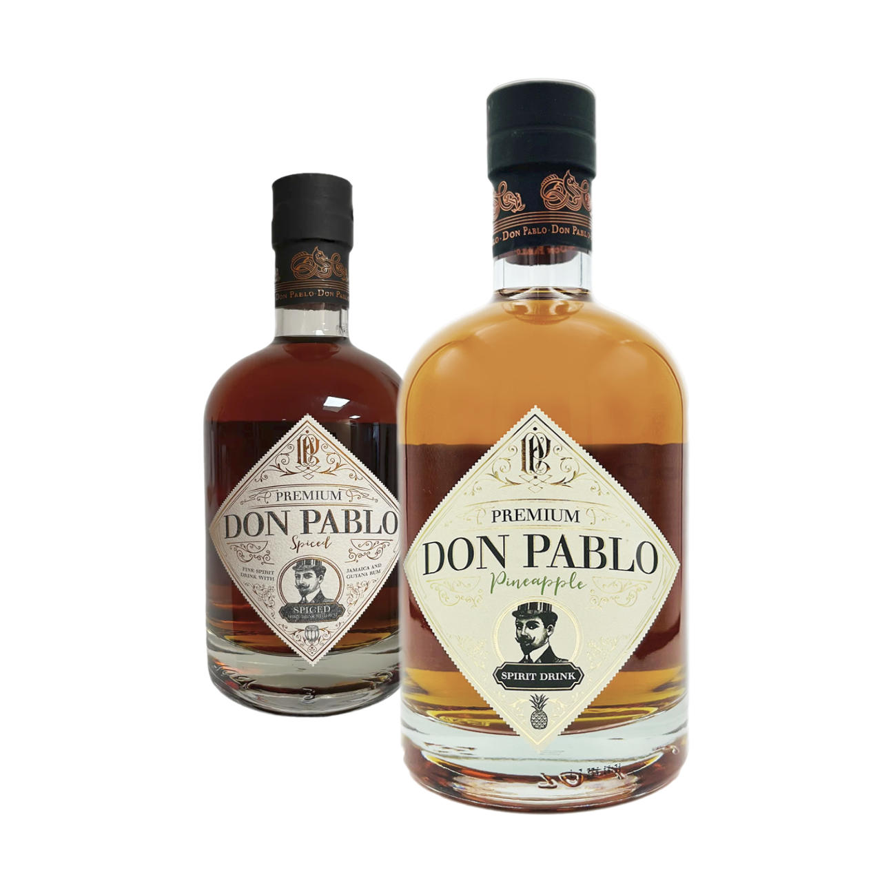 Zwei Flaschen Don Pablo Premium Rum - Duo Infernale (2x0,7l) im Vordergrund Don Pablo Pineapple Rum