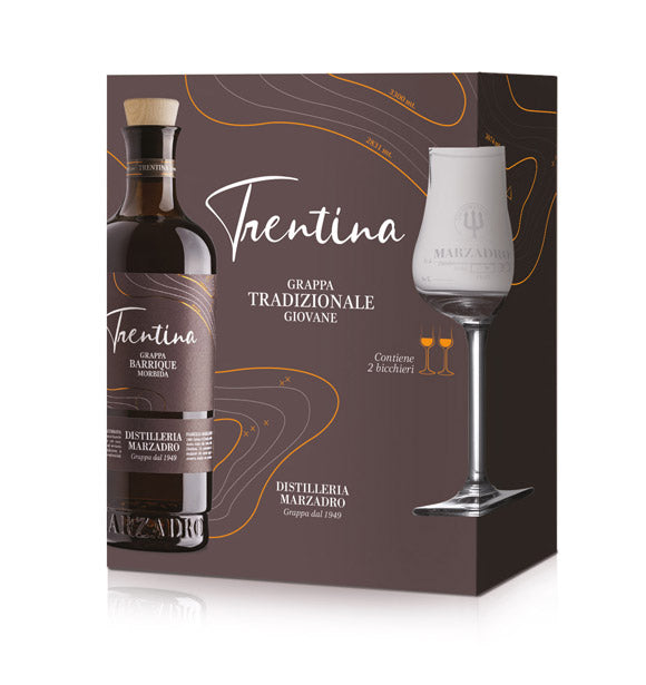 Geschenkset Marzadro Grappa La Trentina Morbida 41% vol. 0,50l mit 2  Gläsern –