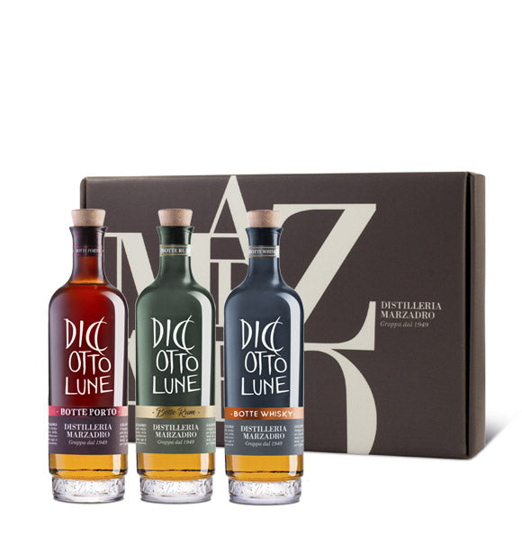Geschenkset Marzadro Collezione Riserva Grappa 18 Lune Botte Porto, Rum & Whisky 3x20cl