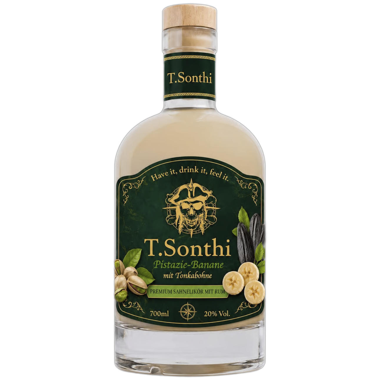 1 Flasche T.Sonthi Premium Sahnelikör Pistazie, Banane & Tonkabohne 0,7l