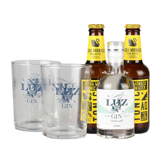 Marzadro Gin Luz 45% vol. 0,2L Geschenkset mit Tonic und 2 Gläsern