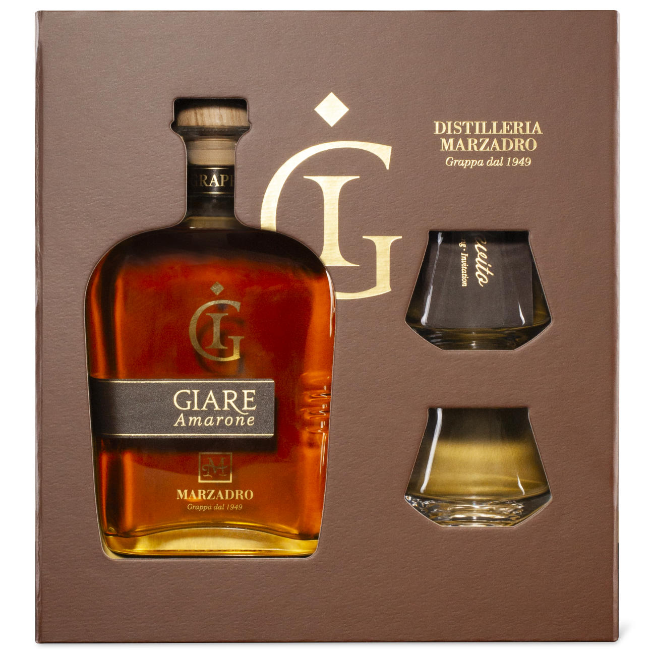Marzadro Giare Amarona 0,7l Moderna - Geschenkset mit zwei Gläserns 