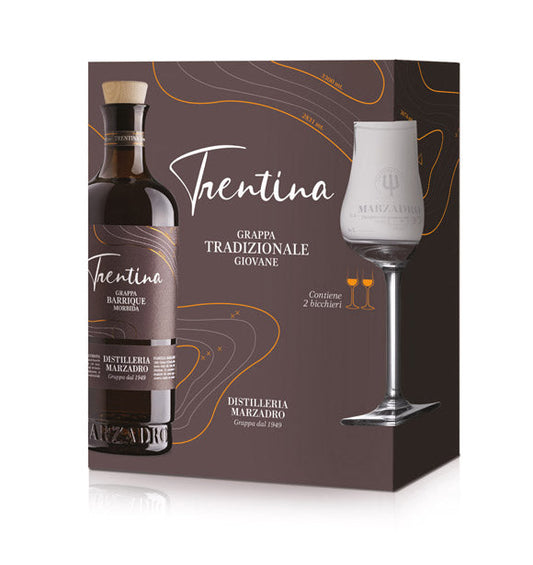 Geschenkset Marzadro Grappa La Trentina Morbida 41% vol. 0,50l mit 2 Gläsern