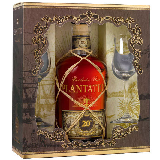 Geschenkpackung Rum Plantation Barbados Extra Old XO mind. 10 Jahre gereift 40% vol. 0,7l mit 2 Gläsern