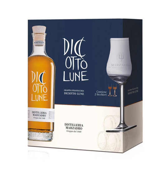 Geschenkset Marzadro Grappa Le Diciotto Lune 41% vol. 0,50l mit 2 Gläsern - Insieme Lune